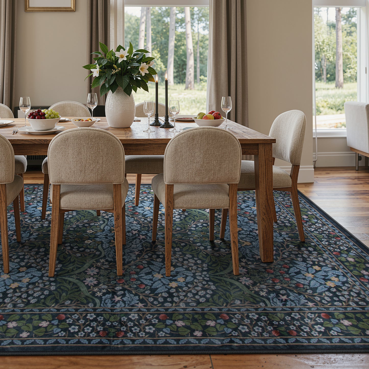 Lahome Floral Area Rugs – Soft Washable for Living Room & Bedroom, Boho Non Slip Low Pile Large Throw Carpet, Forest Stain Resistant, Ideal for Farmhouse Dining Room Office