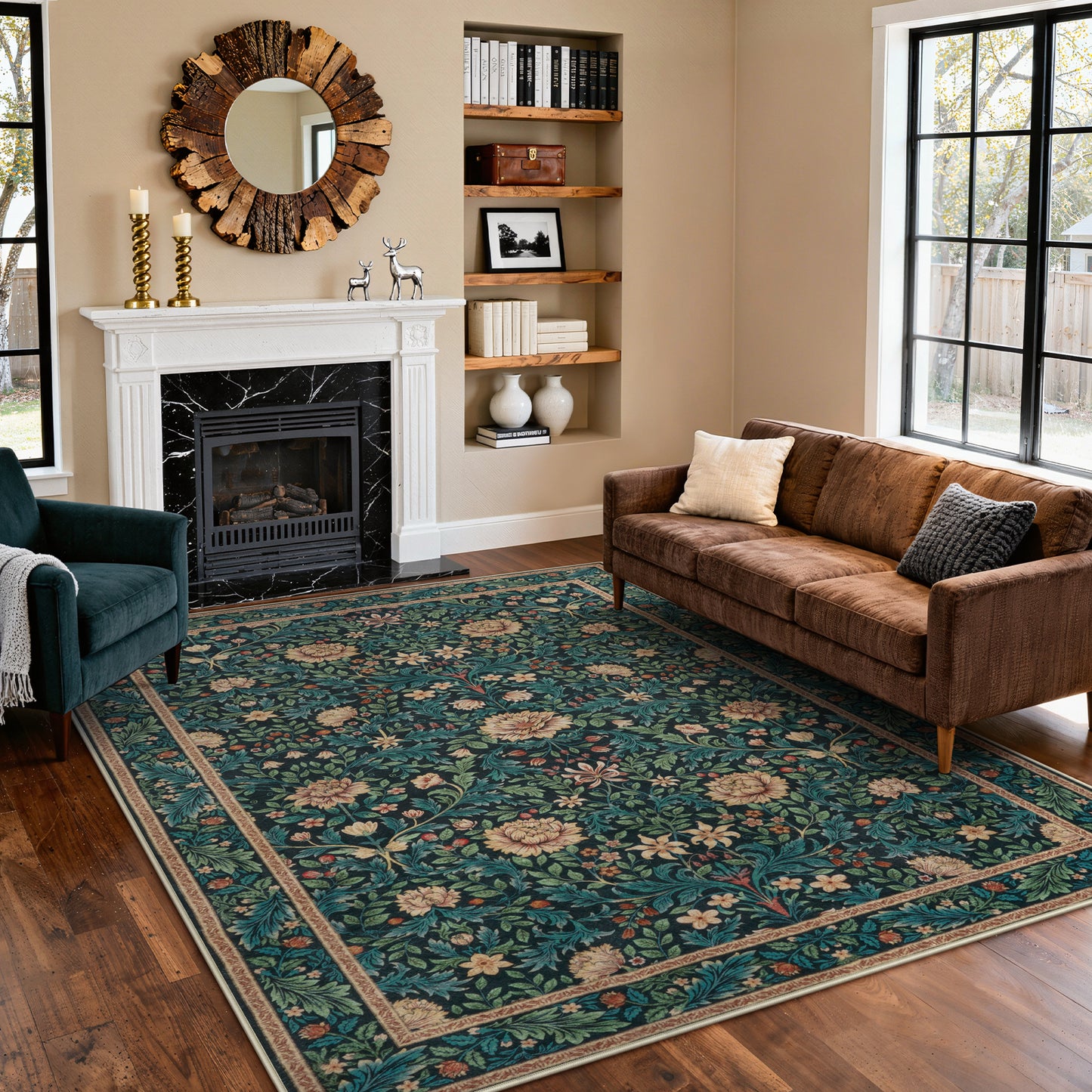 Lahome Non-Slip Washable Area Rug, Boho Floral Vintage Low-Pile Carpet for Living Room Bedroom Dining Room and Office, Stain Resistant Soft Indoor Mat