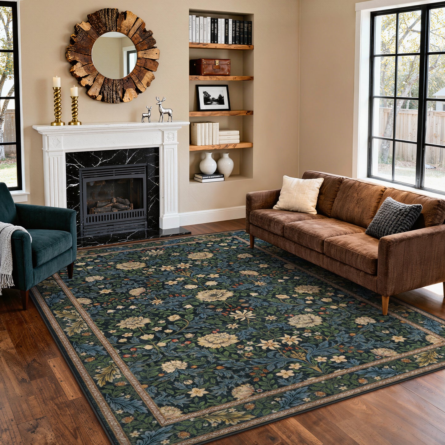 Lahome Non-Slip Washable Area Rug, Boho Floral Vintage Low-Pile Carpet for Living Room Bedroom Dining Room and Office, Stain Resistant Soft Indoor Mat