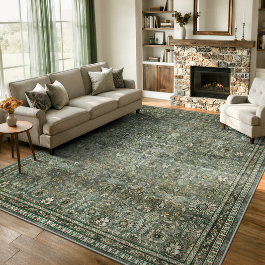 Lahome Green Rugs for Living Room, Vintage Boho Washable Large Bedroom Area Rug, Non Slip Floral Mat Soft Low Pile Carpet for Dining Room Farmhouse Office