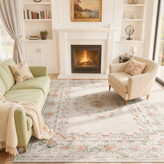Lahome Non-Slip & Washable Area Rug - Ultra-Thin Soft Carpet with Boho Floral Bow Print for Living Room, Nursery, Kids Room, Dorm