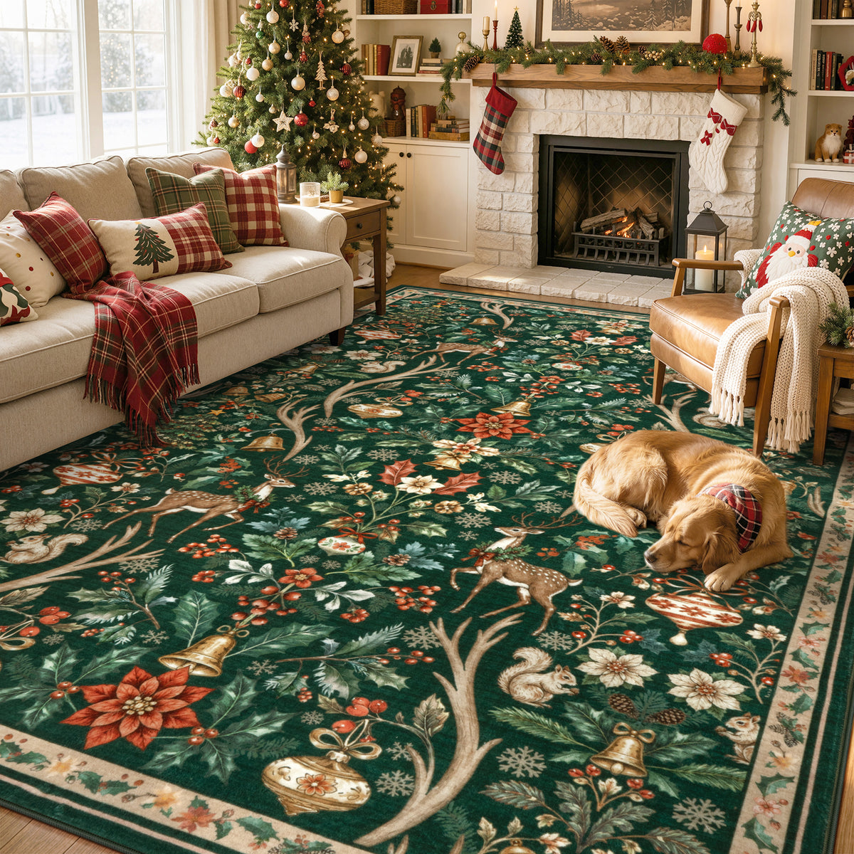 Lahome Christmas Area Rug, Vintage Holiday Washable Rugs for Living Room, Non-Slip Soft Large Carpet with Xmas Trees & Elk Design for Bedroom Dining Room Home Office Nursery