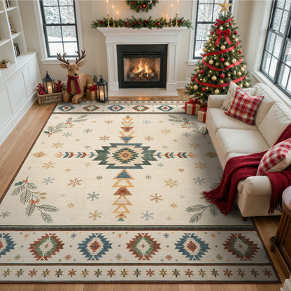 Wonnitar Christmas Area Rug, Washable Holiday Rug for Living Room, Red Southwestern Geometric Christmas Rug Non Slip Low Pile Winter Indoor Carpet for Bedroom Dining Room