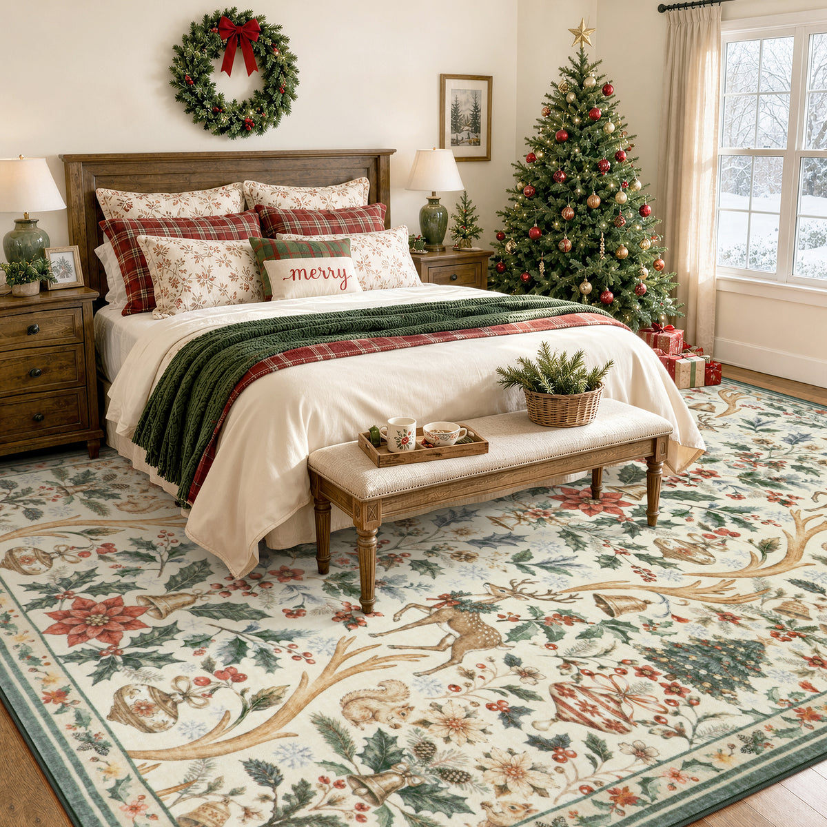 Lahome Christmas Area Rug, Vintage Holiday Washable Rugs for Living Room, Non-Slip Soft Large Carpet with Xmas Trees & Elk Design for Bedroom Dining Room Home Office Nursery
