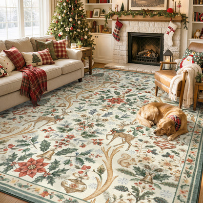 Lahome Christmas Area Rug, Vintage Holiday Washable Rugs for Living Room, Non-Slip Soft Large Carpet with Xmas Trees & Elk Design for Bedroom Dining Room Home Office Nursery