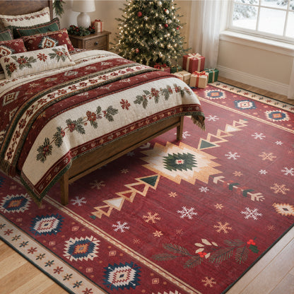 Wonnitar Christmas Area Rug, Washable Holiday Rug for Living Room, Red Southwestern Geometric Christmas Rug Non Slip Low Pile Winter Indoor Carpet for Bedroom Dining Room