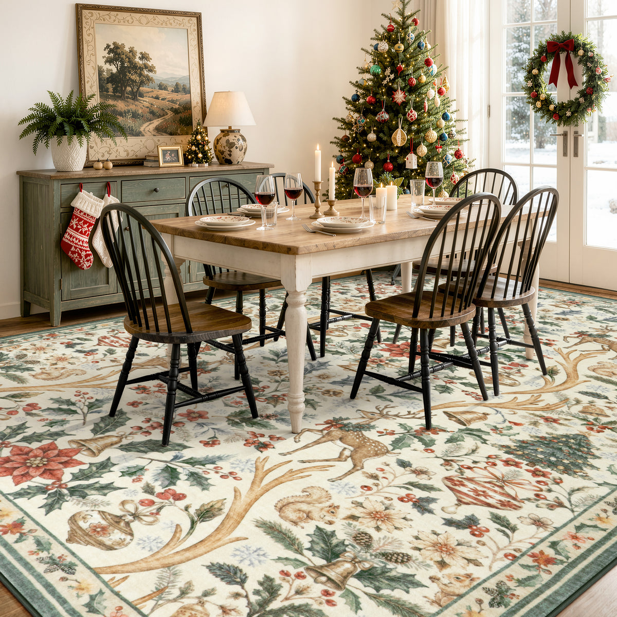 Lahome Christmas Area Rug, Vintage Holiday Washable Rugs for Living Room, Non-Slip Soft Large Carpet with Xmas Trees & Elk Design for Bedroom Dining Room Home Office Nursery