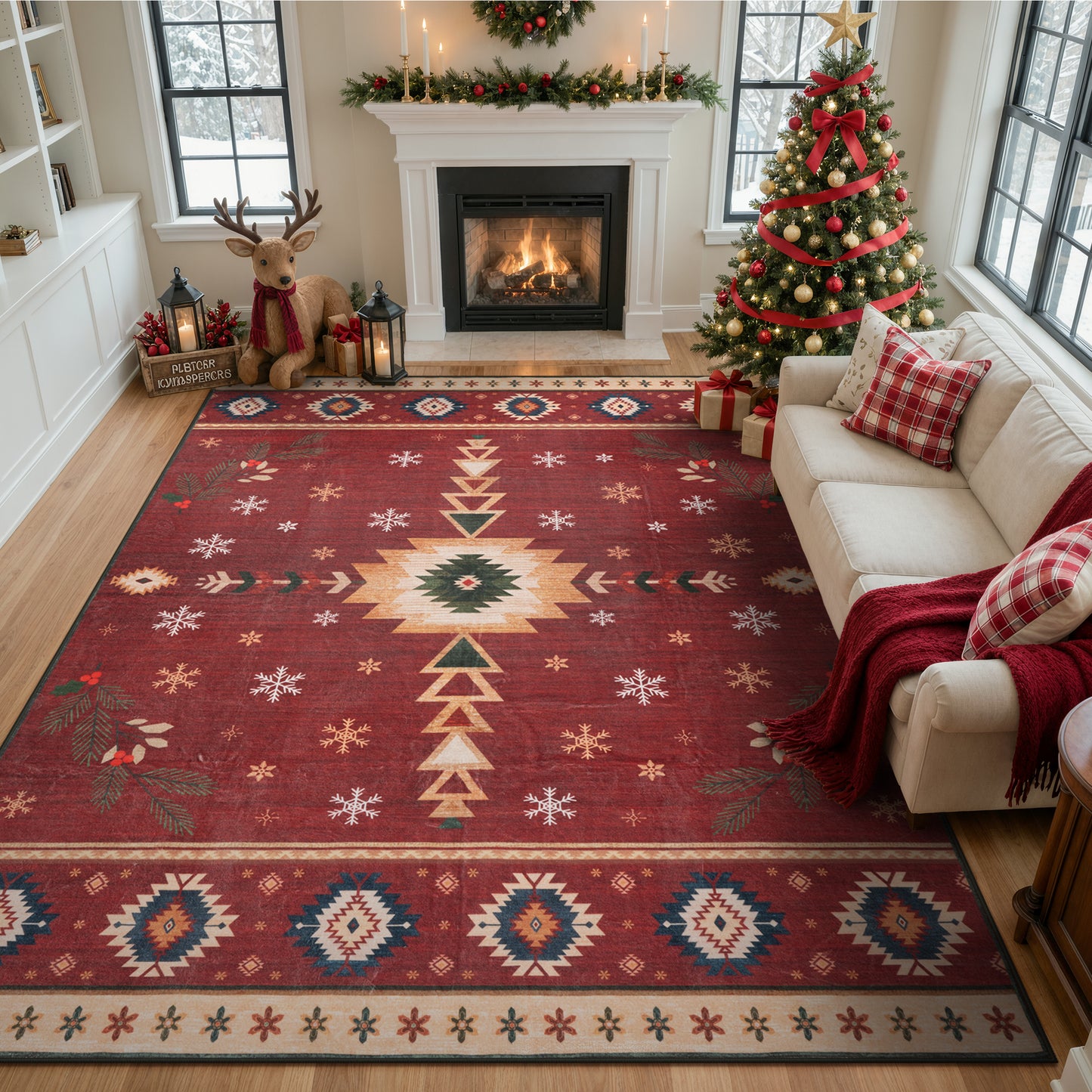 Wonnitar Christmas Area Rug, Washable Holiday Rug for Living Room, Red Southwestern Geometric Christmas Rug Non Slip Low Pile Winter Indoor Carpet for Bedroom Dining Room