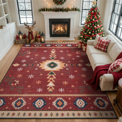 Wonnitar Christmas Area Rug, Washable Holiday Rug for Living Room, Red Southwestern Geometric Christmas Rug Non Slip Low Pile Winter Indoor Carpet for Bedroom Dining Room