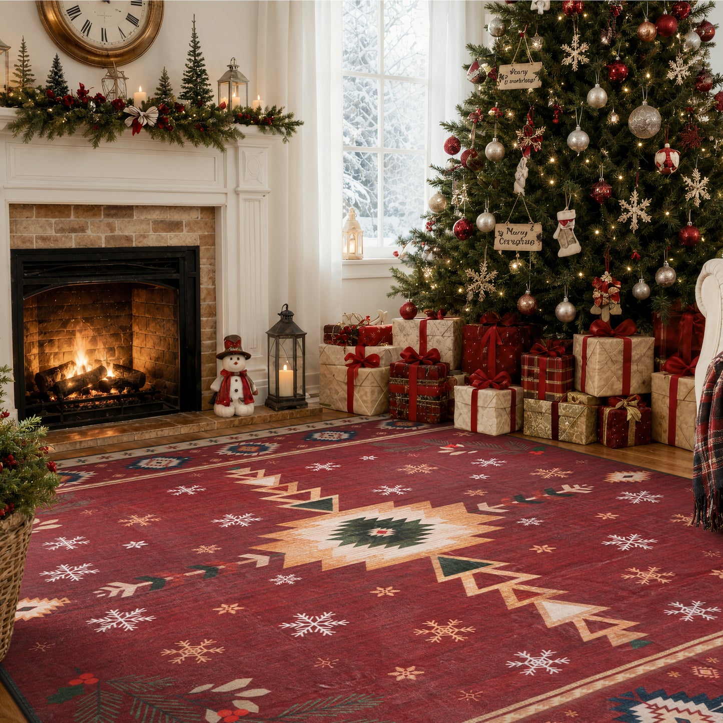 Wonnitar Christmas Area Rug, Washable Holiday Rug for Living Room, Red Southwestern Geometric Christmas Rug Non Slip Low Pile Winter Indoor Carpet for Bedroom Dining Room