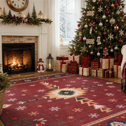 Wonnitar Christmas Area Rug, Washable Holiday Rug for Living Room, Red Southwestern Geometric Christmas Rug Non Slip Low Pile Winter Indoor Carpet for Bedroom Dining Room