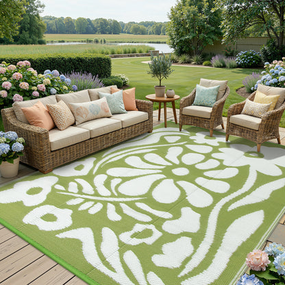 Lahome Outdoor RV Rug - Waterproof Reversible Plastic Straw Mat,Abstract Floral Pattern for Deck, Balcony & Camping