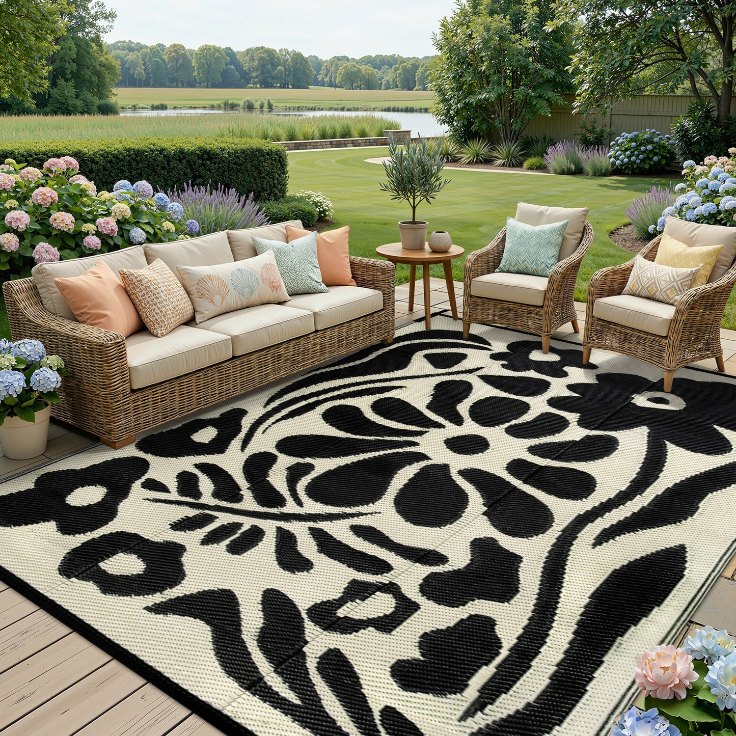 Lahome Outdoor RV Rug - Waterproof Reversible Plastic Straw Mat,Abstract Floral Pattern for Deck, Balcony & Camping