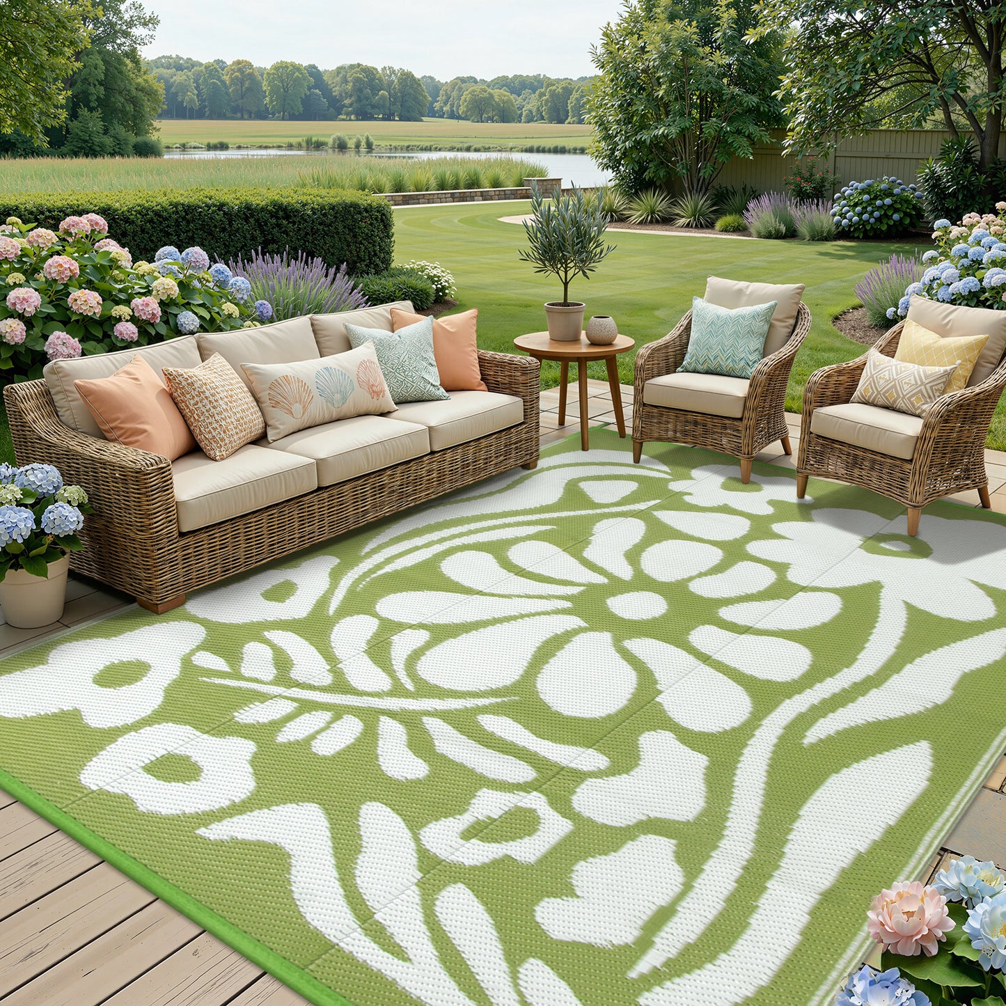 Lahome Outdoor RV Rug - Waterproof Reversible Plastic Straw Mat,Abstract Floral Pattern for Deck, Balcony & Camping