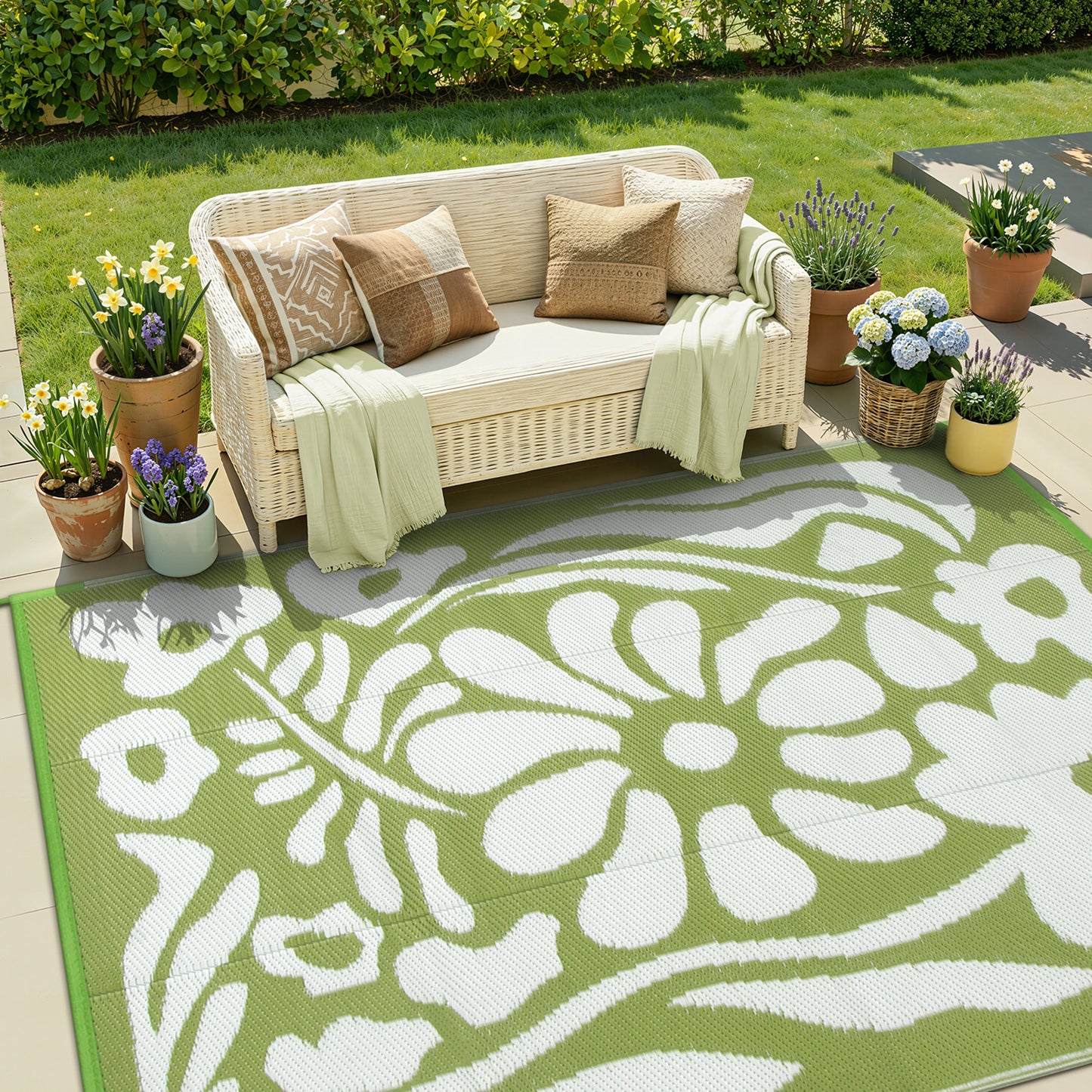 Lahome Outdoor RV Rug - Waterproof Reversible Plastic Straw Mat,Abstract Floral Pattern for Deck, Balcony & Camping