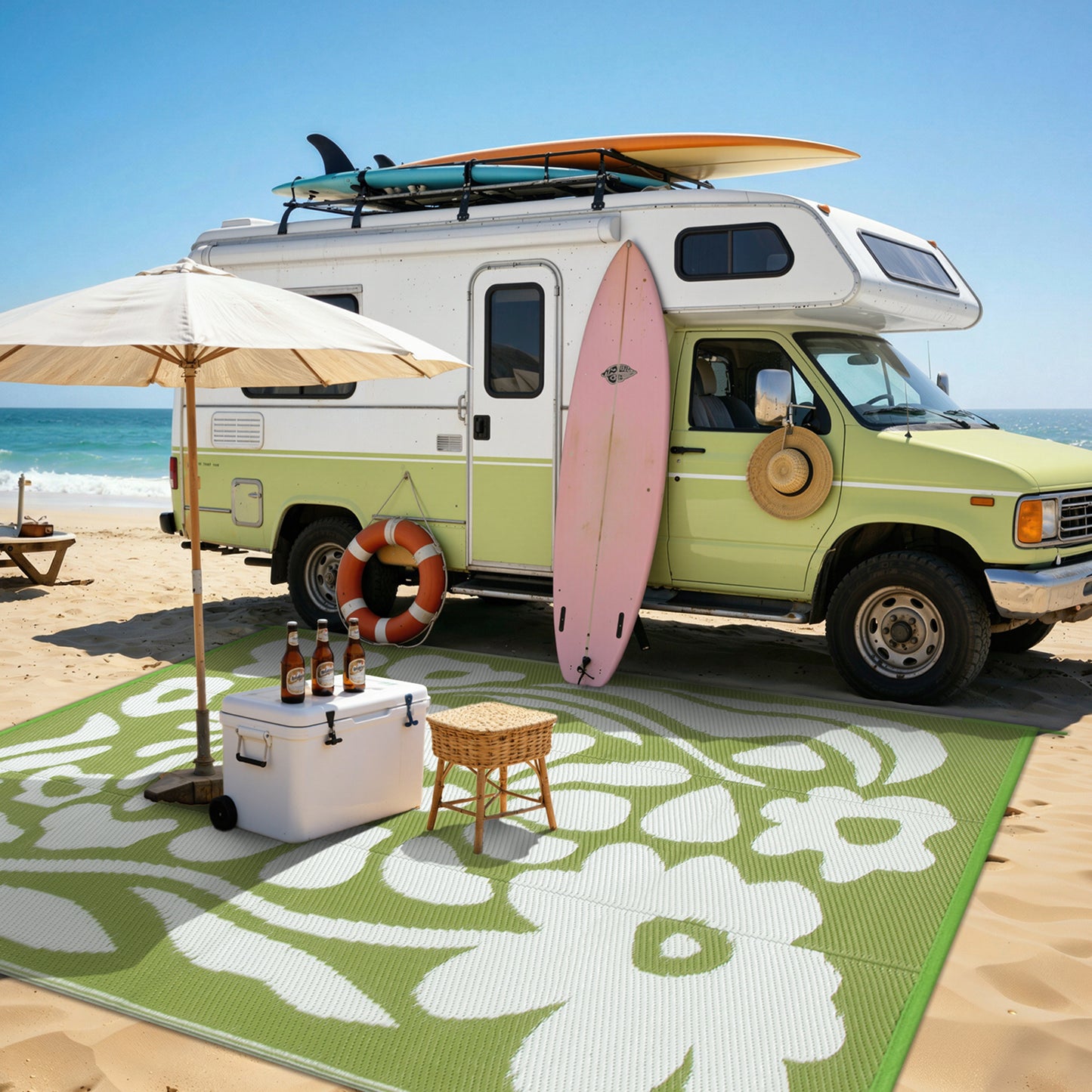 Lahome Outdoor RV Rug - Waterproof Reversible Plastic Straw Mat,Abstract Floral Pattern for Deck, Balcony & Camping