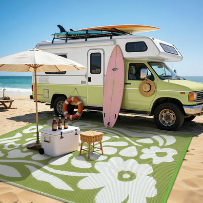 Lahome Outdoor RV Rug - Waterproof Reversible Plastic Straw Mat,Abstract Floral Pattern for Deck, Balcony & Camping