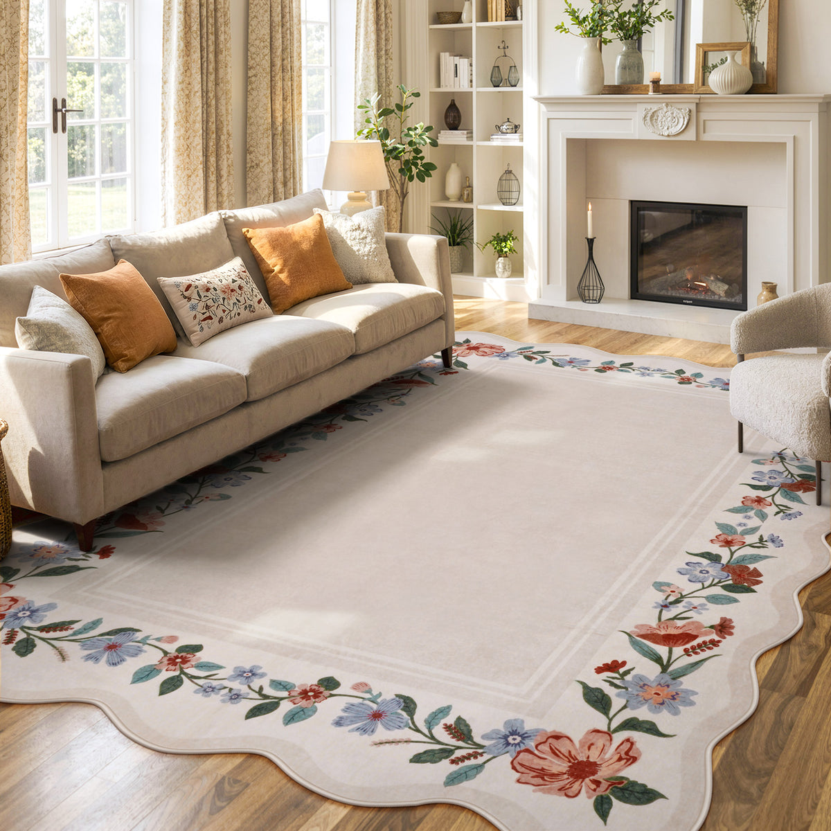 Lahome Floral Scalloped Area Rug for Living Room - Ultra-Thin Soft Washable Non-Slip Bedroom Stain Resistant Lightweight Boho Low-Pile Throw for Dining Room Office