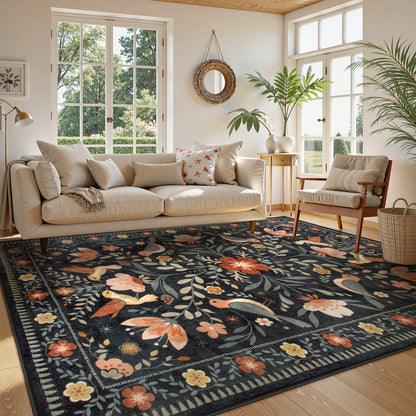 Lahome Decor Boho Bird Area Rugs,Floral Rug for Living Room Machine Washable,Soft Indoor Carpet,Non-Slip Low Pile for Bedroom Dining Room Playroom Office