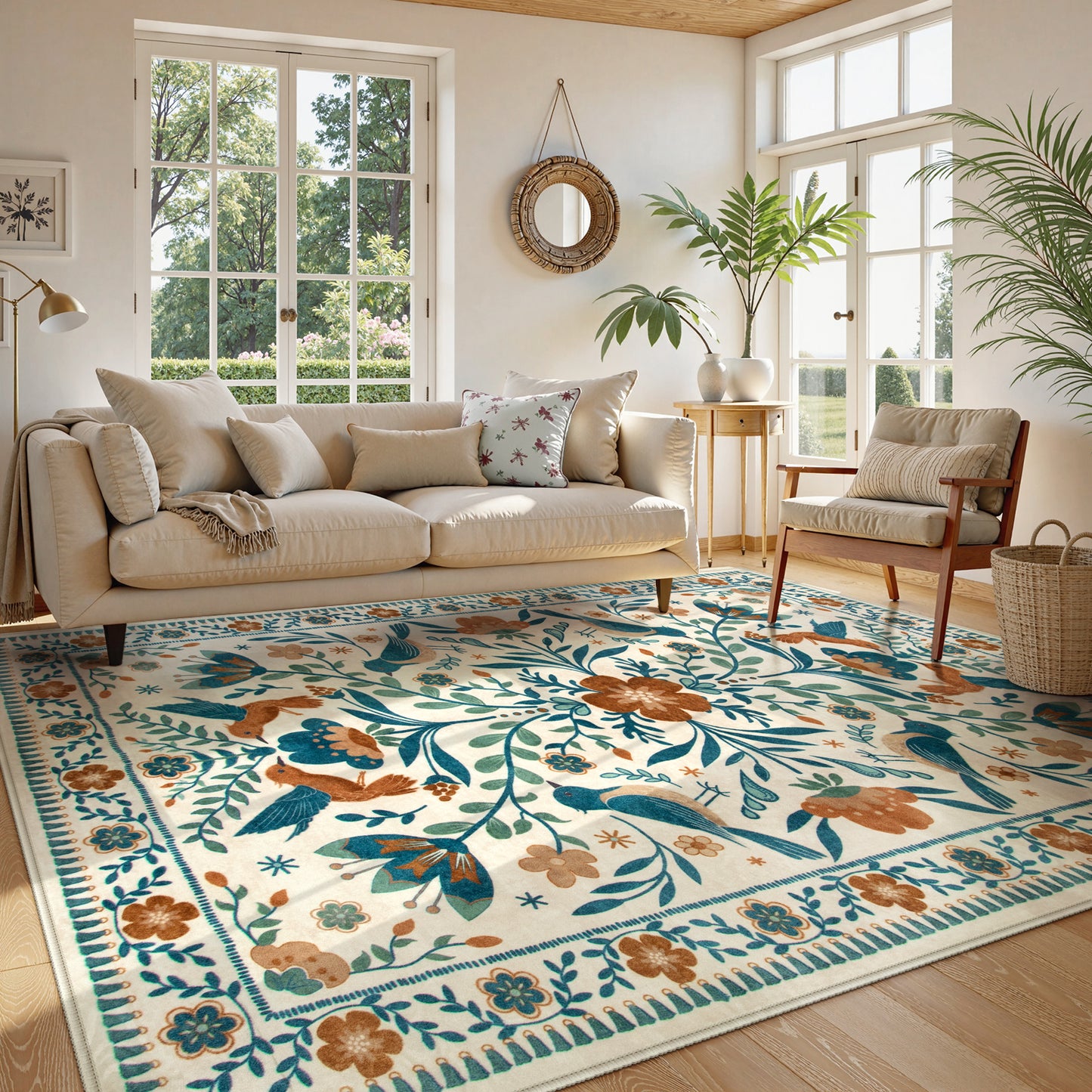Lahome Decor Boho Bird Area Rugs,Floral Rug for Living Room Machine Washable,Soft Indoor Carpet,Non-Slip Low Pile for Bedroom Dining Room Playroom Office