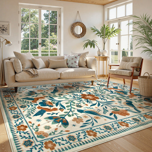 Lahome Decor Boho Bird Area Rugs,Floral Rug for Living Room Machine Washable,Soft Indoor Carpet,Non-Slip Low Pile for Bedroom Dining Room Playroom Office
