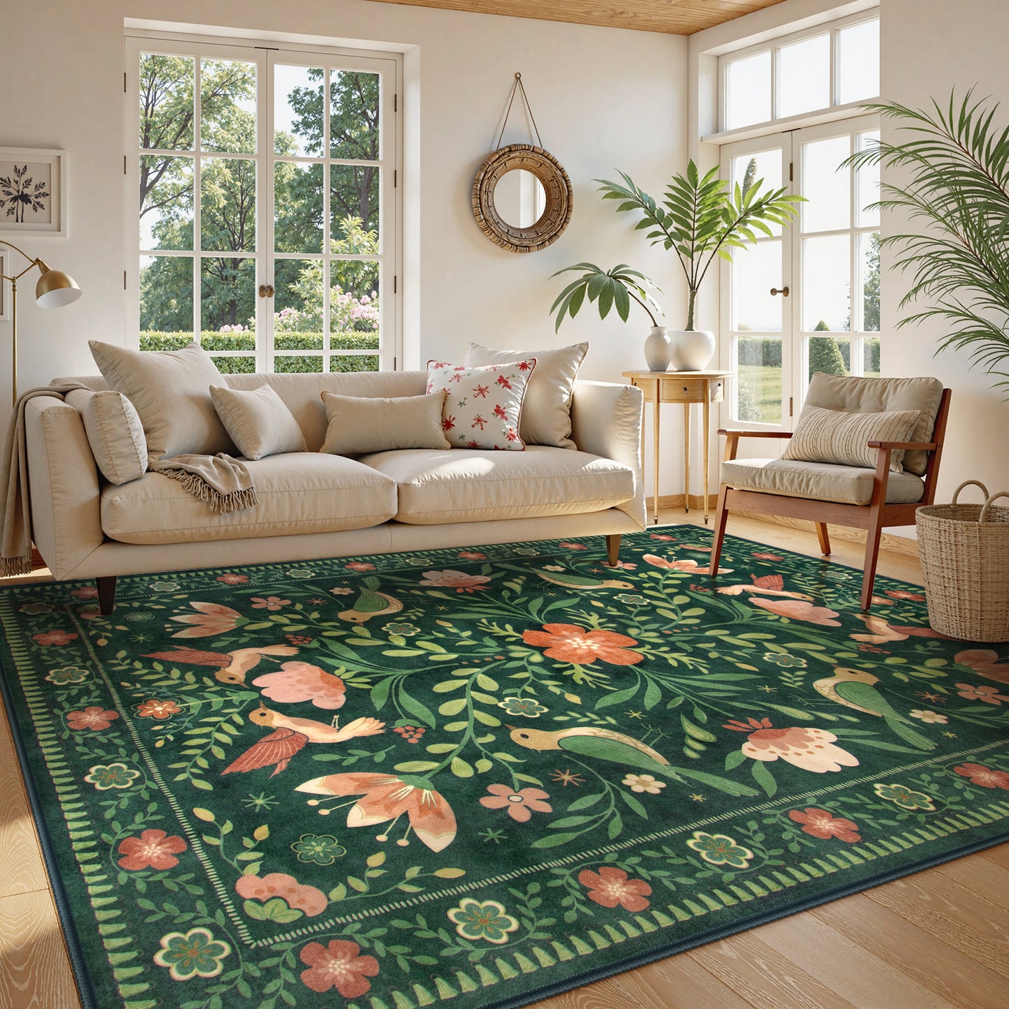 Lahome Decor Boho Bird Area Rugs,Floral Rug for Living Room Machine Washable,Soft Indoor Carpet,Non-Slip Low Pile for Bedroom Dining Room Playroom Office
