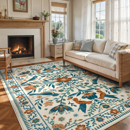 Lahome Decor Boho Bird Area Rugs,Floral Rug for Living Room Machine Washable,Soft Indoor Carpet,Non-Slip Low Pile for Bedroom Dining Room Playroom Office