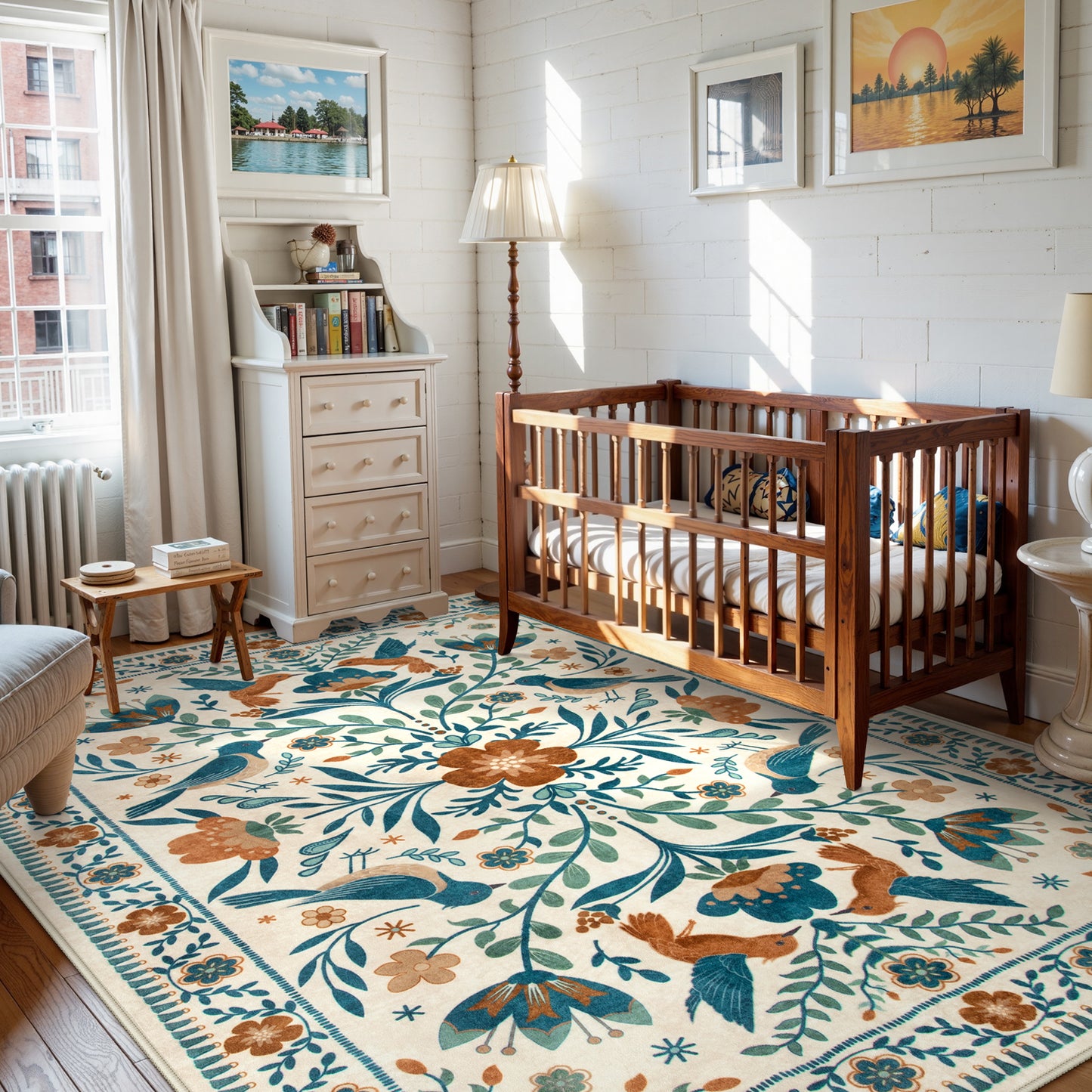 Lahome Decor Boho Bird Area Rugs,Floral Rug for Living Room Machine Washable,Soft Indoor Carpet,Non-Slip Low Pile for Bedroom Dining Room Playroom Office