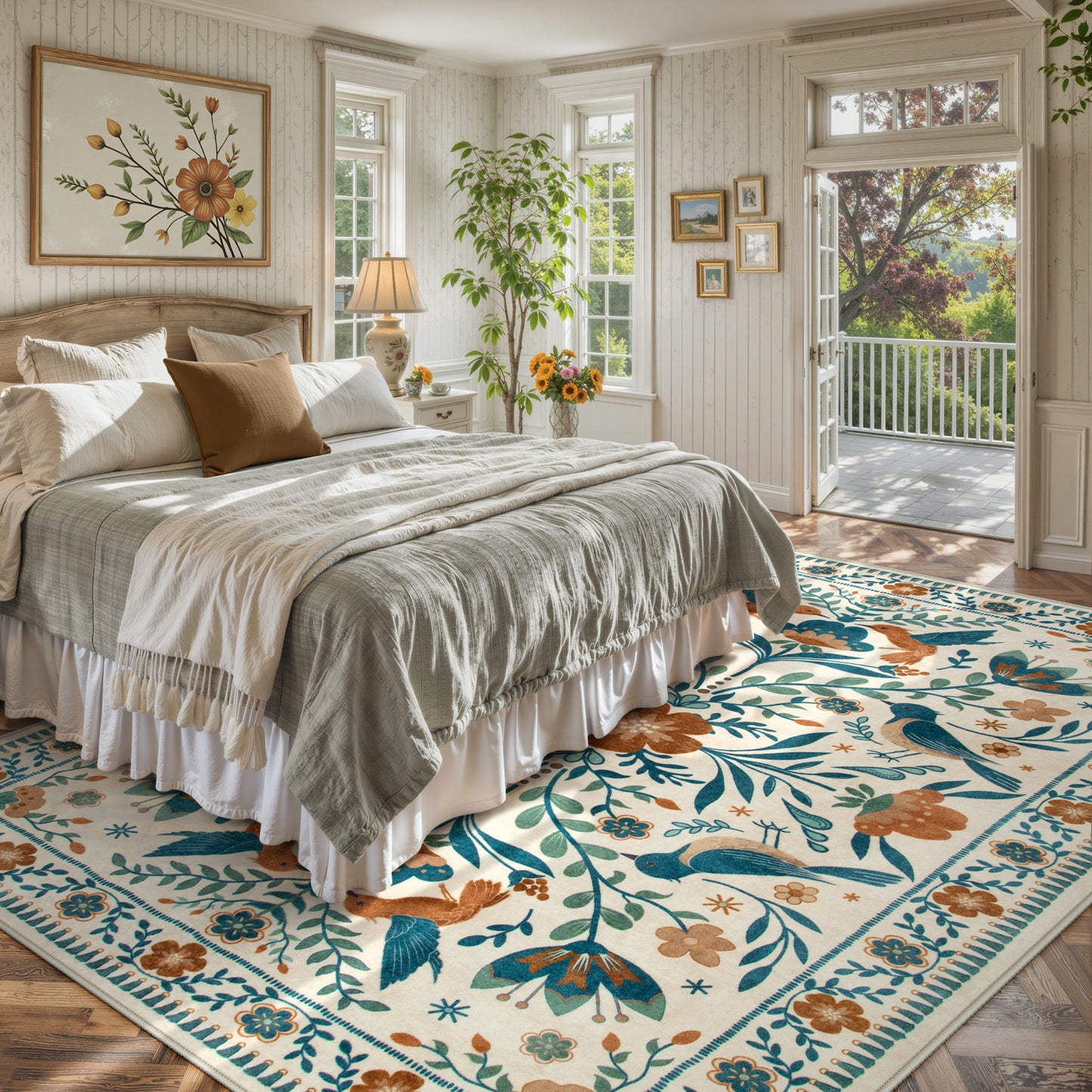 Lahome Decor Boho Bird Area Rugs,Floral Rug for Living Room Machine Washable,Soft Indoor Carpet,Non-Slip Low Pile for Bedroom Dining Room Playroom Office