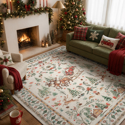Lahome Decor  Christmas Area Rug, Washable Rug for Living Room, Non Slip Low Pile Soft Bedroom Rug Xmas Tree Elk Indoor Floor Carpet for Dining Room Winter Holiday Decor