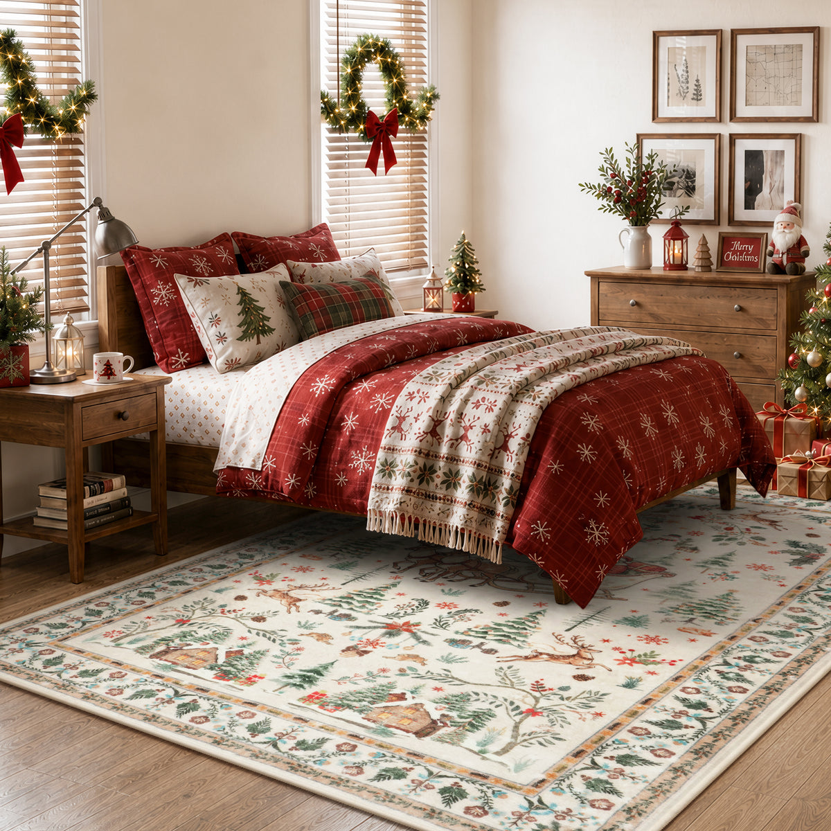 Lahome Decor  Christmas Area Rug, Washable Rug for Living Room, Non Slip Low Pile Soft Bedroom Rug Xmas Tree Elk Indoor Floor Carpet for Dining Room Winter Holiday Decor