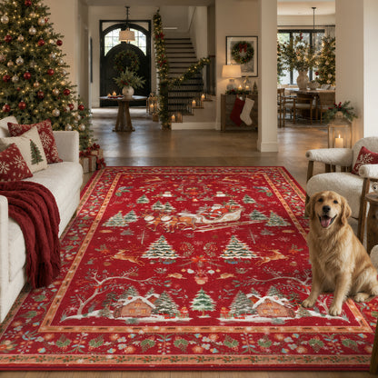 Lahome Decor  Christmas Area Rug, Washable Rug for Living Room, Non Slip Low Pile Soft Bedroom Rug Xmas Tree Elk Indoor Floor Carpet for Dining Room Winter Holiday Decor