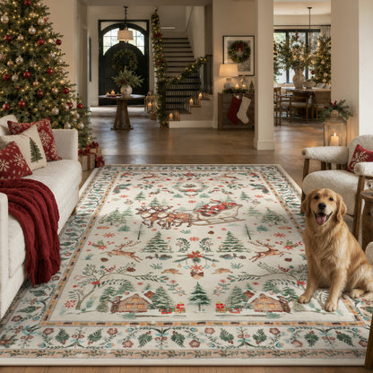 Lahome Decor  Christmas Area Rug, Washable Rug for Living Room, Non Slip Low Pile Soft Bedroom Rug Xmas Tree Elk Indoor Floor Carpet for Dining Room Winter Holiday Decor