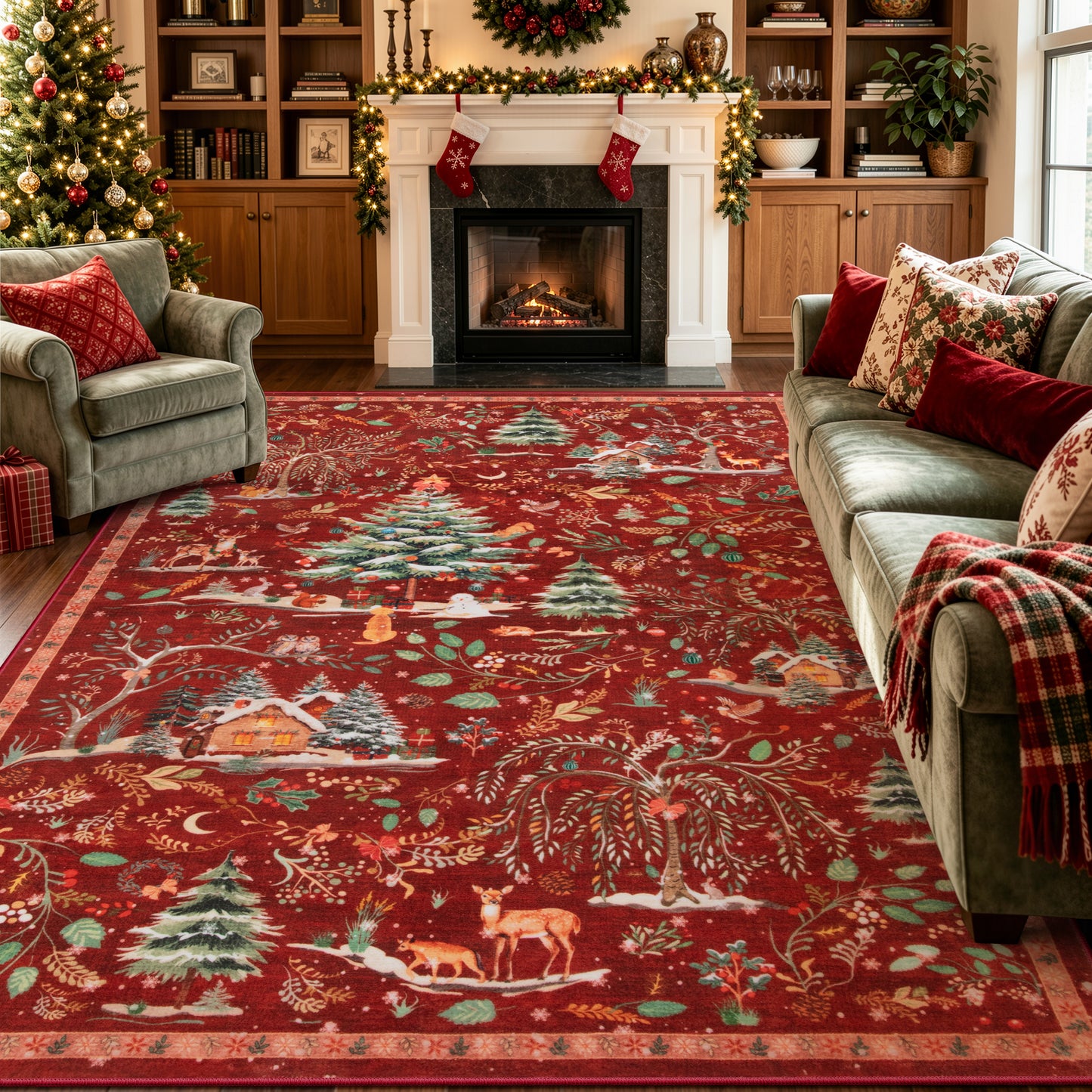 Wonnitar Christmas Washable Rug, Non Slip Christmas Entryway Area Rug, Soft Xmas Living Room Throw Rug, Ultra Thin Indoor Floor Carpet for Kitchen Bedroom Holiday Decor