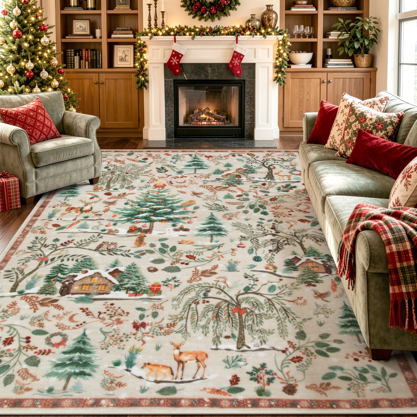 Wonnitar Christmas Washable Rug, Non Slip Christmas Entryway Area Rug, Soft Xmas Living Room Throw Rug, Ultra Thin Indoor Floor Carpet for Kitchen Bedroom Holiday Decor