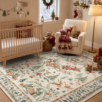 Lahome Decor  Christmas Area Rug, Washable Rug for Living Room, Non Slip Low Pile Soft Bedroom Rug Xmas Tree Elk Indoor Floor Carpet for Dining Room Winter Holiday Decor