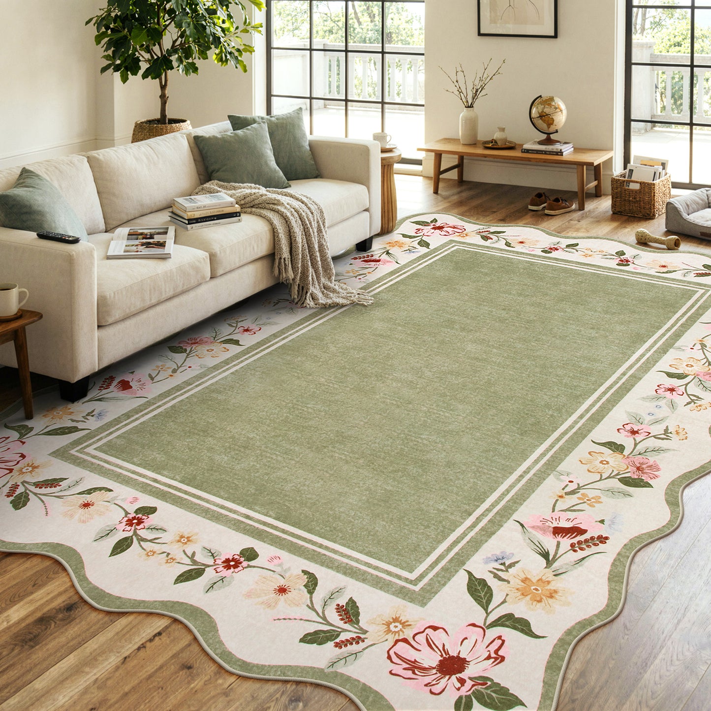 Lahome Floral Scalloped Area Rug for Living Room - Ultra-Thin Soft Washable Non-Slip Bedroom Stain Resistant Lightweight Boho Low-Pile Throw for Dining Room Office