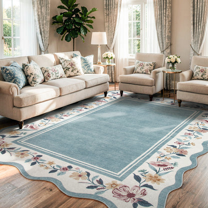 Lahome Floral Scalloped Area Rug for Living Room - Ultra-Thin Soft Washable Non-Slip Bedroom Stain Resistant Lightweight Boho Low-Pile Throw for Dining Room Office