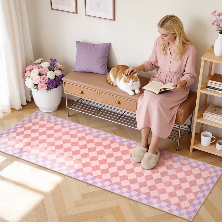 Wonnitar Checkered Area Rug, Washable Checkerboard Rug for Living Room, Non Slip Soft Low Pile Geometric Indoor Carpet for Bedroom, Nursery, Office