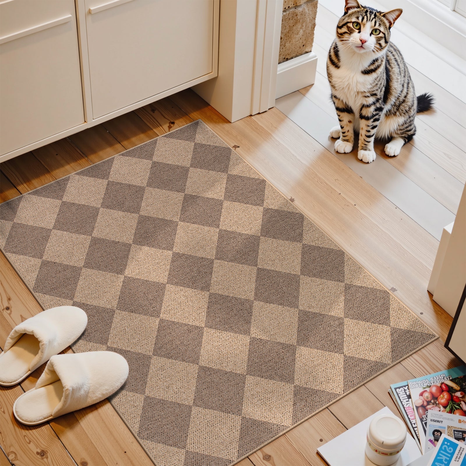 SUNDEREY Modern Geometric Area Rug,Large Washable Living Room Rug,Checkerboard Indoor Outdoor Carpet, Farmhouse Checkered Non Slip Black Carpet for Dining Room Table Apartment Walmart Walmart 2'x3' Khaki/ Coline
