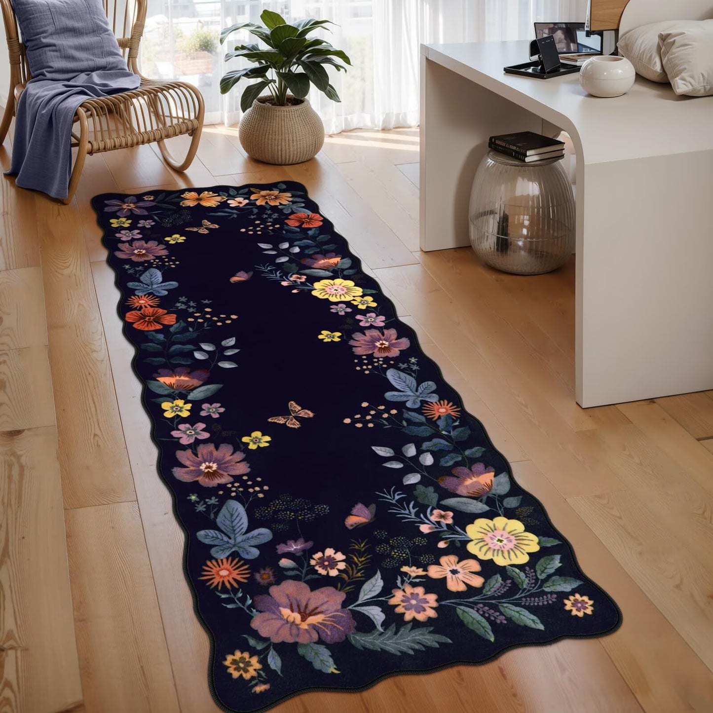 Moynesa Floral Washable Area Rugs, Soft Bedroom Large Rug for Living Room Ultra-Thin Non Slip Dining Room Rug, Stain Resistant Boho Rugs Easy Clean Throw Carpet for Office
