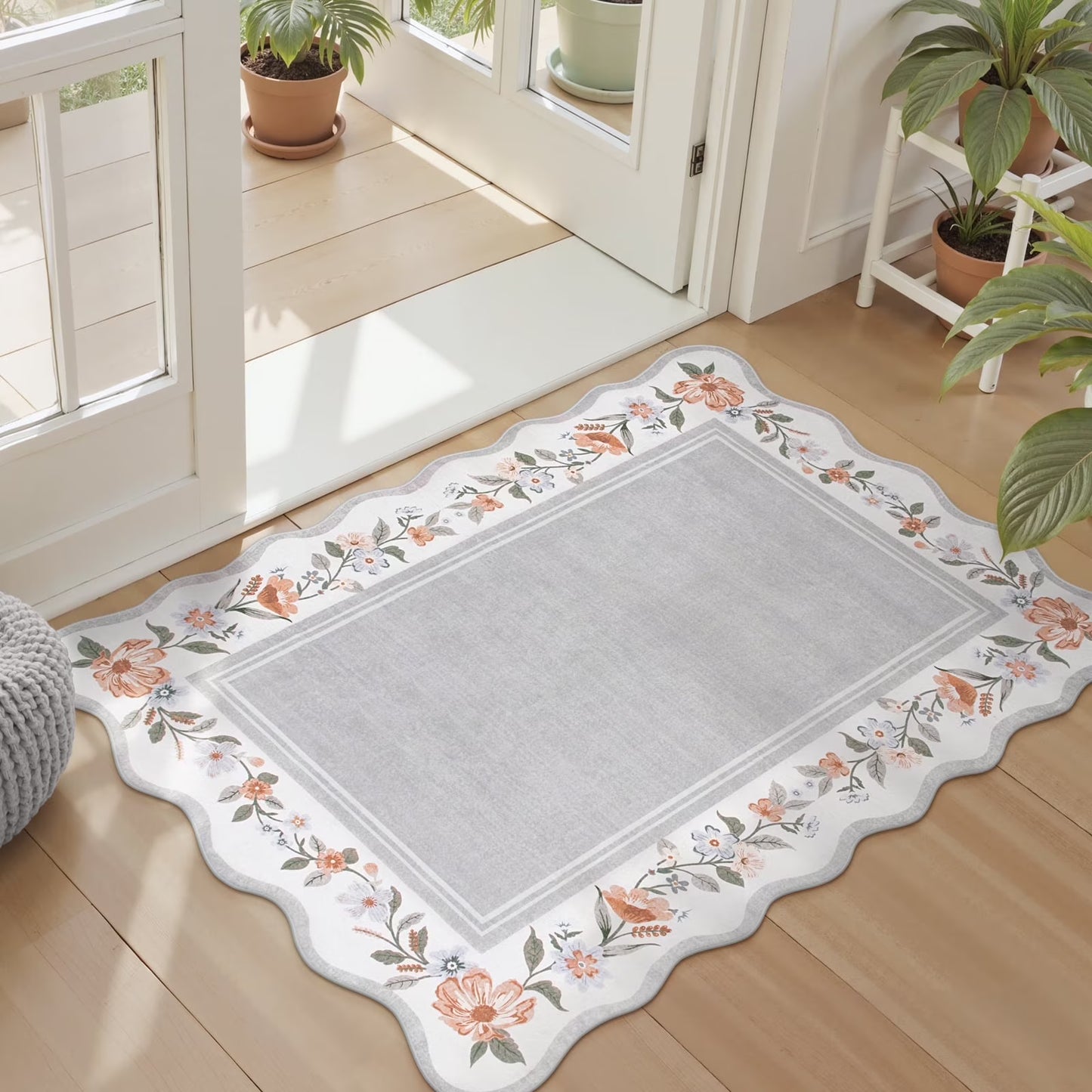 Lahome Floral Scalloped Area Rug for Living Room - Ultra-Thin Soft Washable Non-Slip Bedroom Stain Resistant Lightweight Boho Low-Pile Throw for Dining Room Office