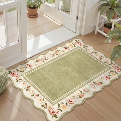Lahome Floral Scalloped Area Rug for Living Room - Ultra-Thin Soft Washable Non-Slip Bedroom Stain Resistant Lightweight Boho Low-Pile Throw for Dining Room Office