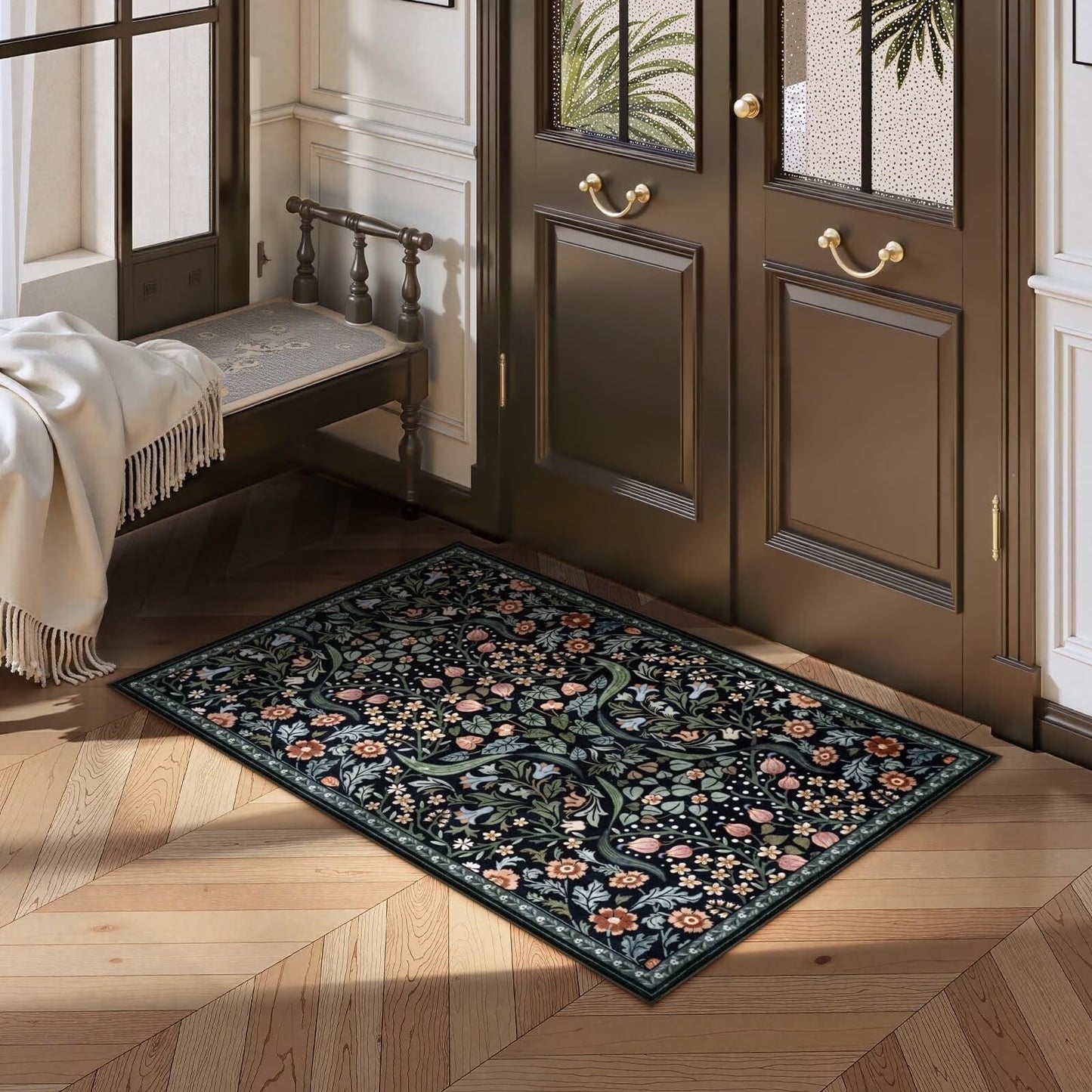 Lahome Floral Washable Rug, Large Rugs for Living Room, Soft Boho Bedroom Rugs, Non Slip Botanical Ultra Thin Floor Carpet for Dining Room Nursery