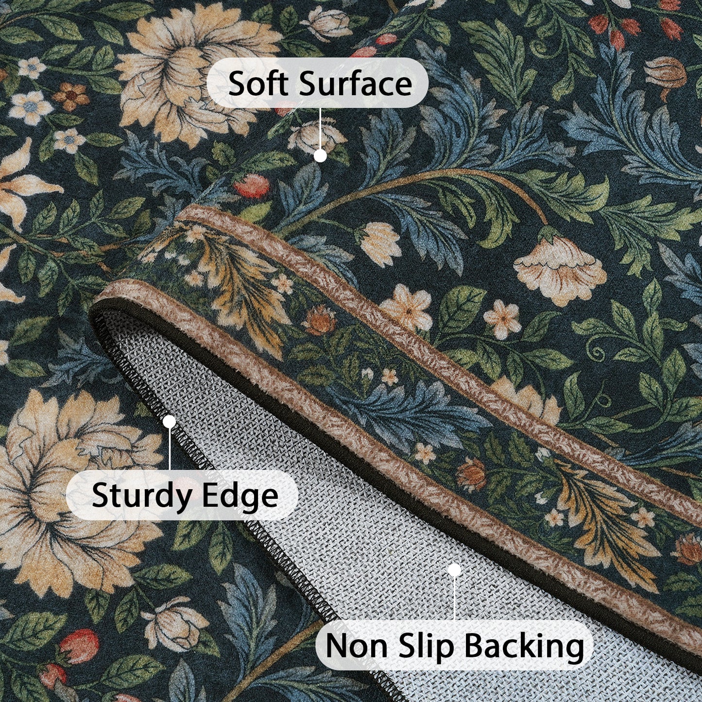 Lahome Non-Slip Washable Area Rug, Boho Floral Vintage Low-Pile Carpet for Living Room Bedroom Dining Room and Office, Stain Resistant Soft Indoor Mat