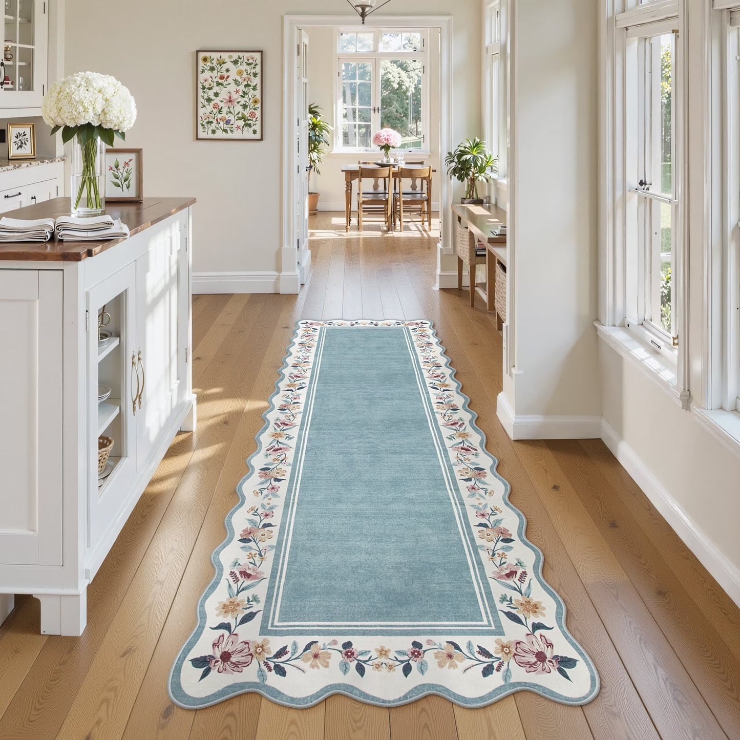 Lahome Floral Scalloped Area Rug for Living Room - Ultra-Thin Soft Washable Non-Slip Bedroom Stain Resistant Lightweight Boho Low-Pile Throw for Dining Room Office