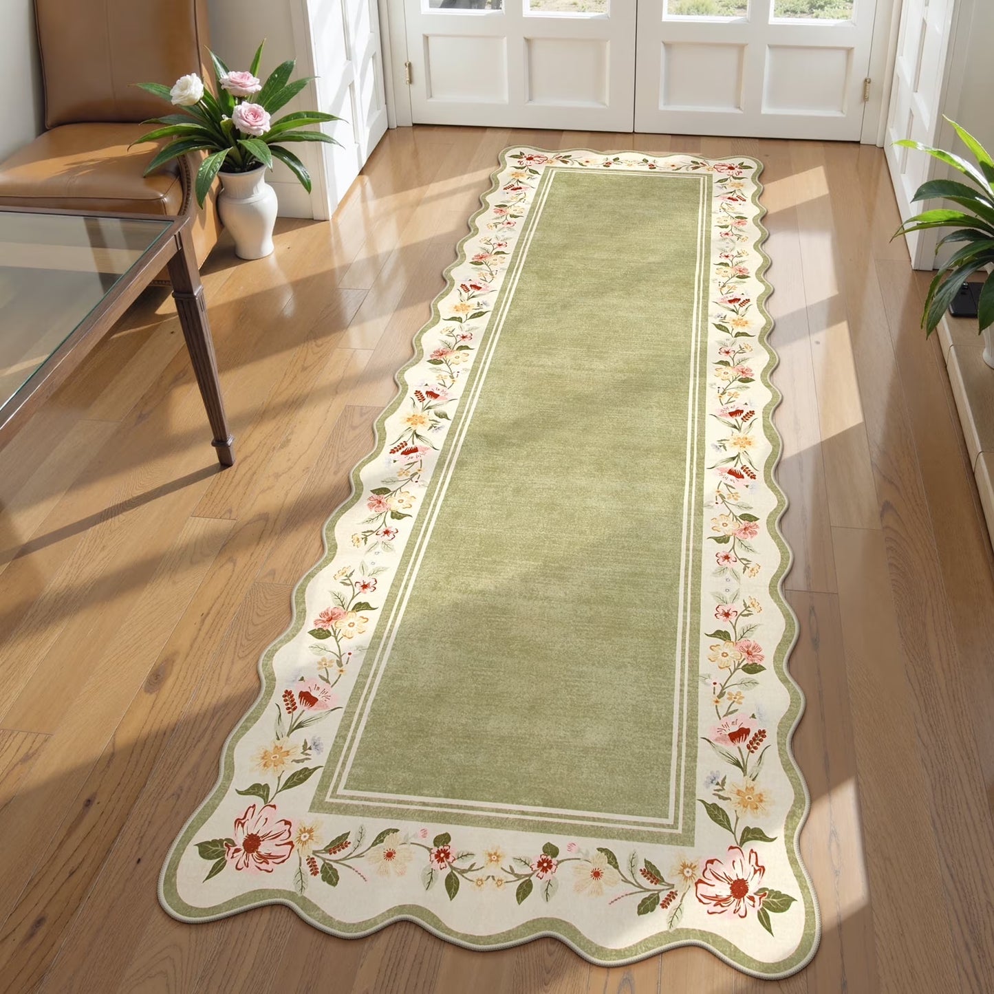 Lahome Floral Scalloped Area Rug for Living Room - Ultra-Thin Soft Washable Non-Slip Bedroom Stain Resistant Lightweight Boho Low-Pile Throw for Dining Room Office
