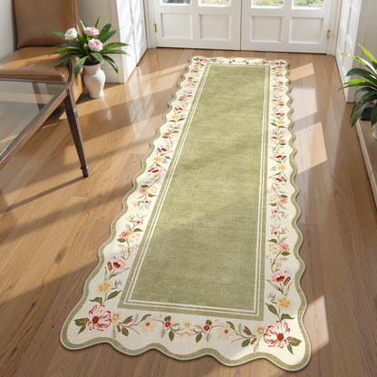 Lahome Floral Scalloped Area Rug for Living Room - Ultra-Thin Soft Washable Non-Slip Bedroom Stain Resistant Lightweight Boho Low-Pile Throw for Dining Room Office