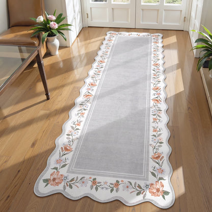 Lahome Floral Scalloped Area Rug for Living Room - Ultra-Thin Soft Washable Non-Slip Bedroom Stain Resistant Lightweight Boho Low-Pile Throw for Dining Room Office