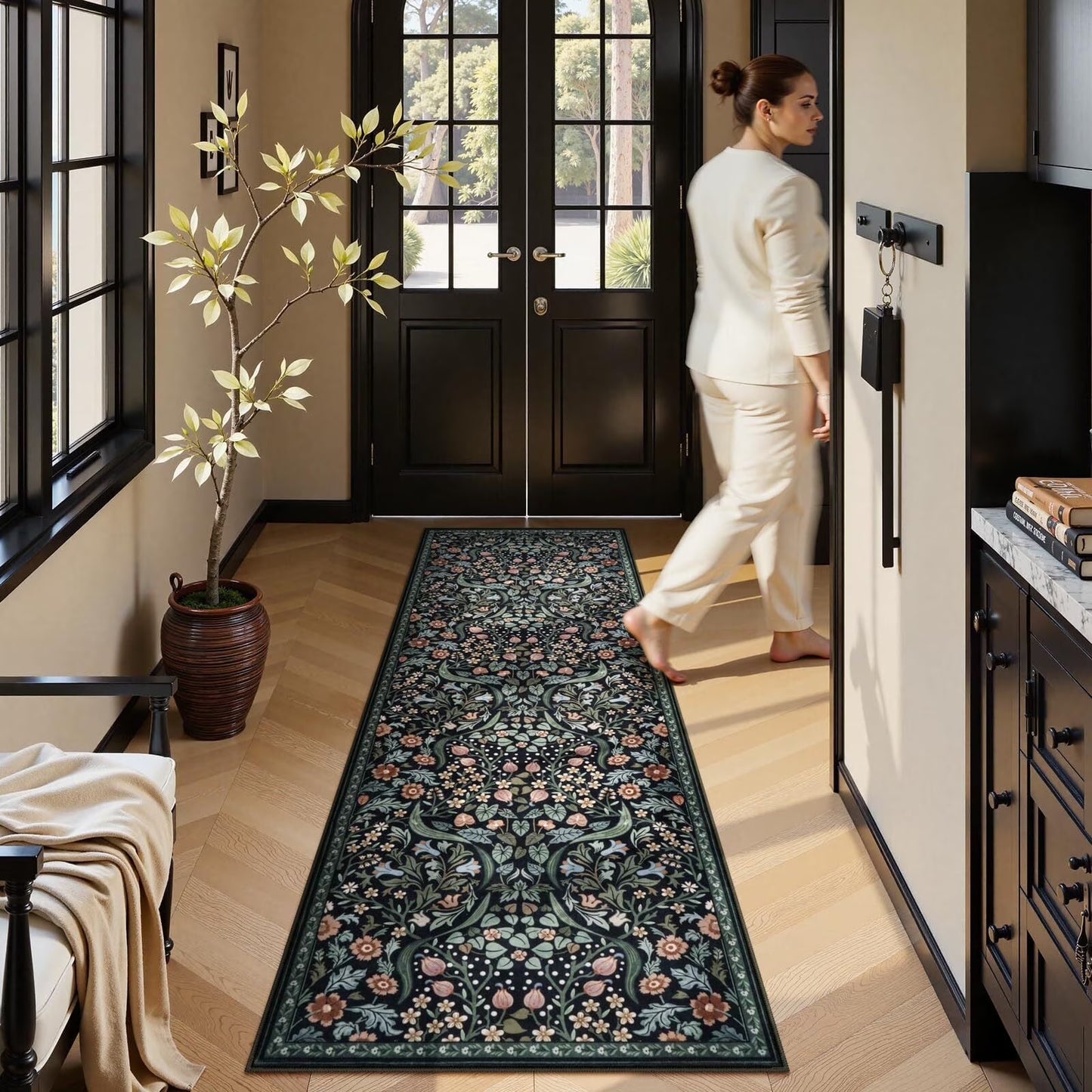 Lahome Floral Washable Rug, Large Rugs for Living Room, Soft Boho Bedroom Rugs, Non Slip Botanical Ultra Thin Floor Carpet for Dining Room Nursery